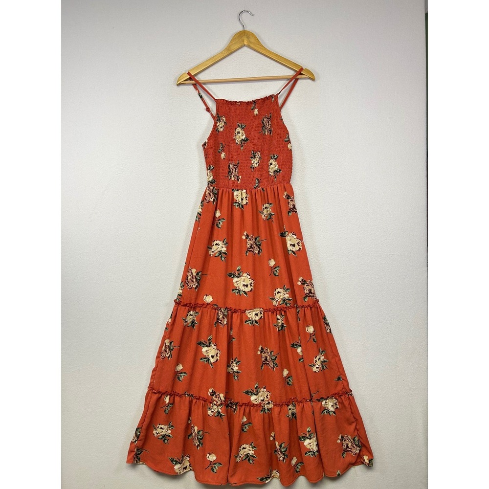 Boho Cottagecore Mimi Chica Women Small Orange Floral Smocked Tiered Maxi‎ Dress